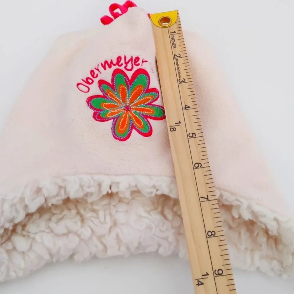 Girl's Obermeyer Fleece Cream Winter Snow Hat w/Pink Flower and Sherpa Interior
